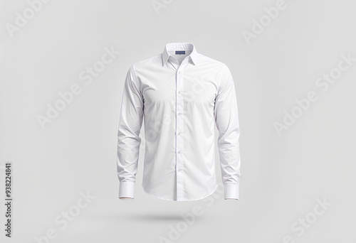 Blank white classic shirt mockup, front view, gray background.