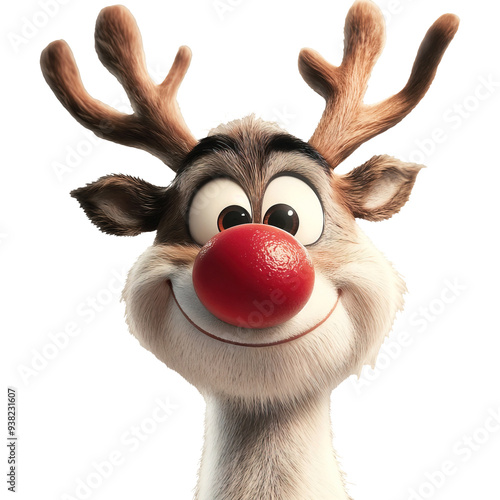 A cartoon reindeer with a red nose and a smile on its face