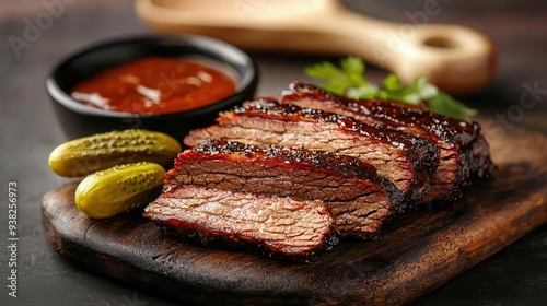 Juicy brisket slices, perfectly smoked, served with a side of pickles and barbecue sauce