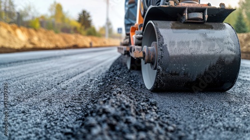 Close-up of an asphalt roller compactor smoothing new pavement on a highway