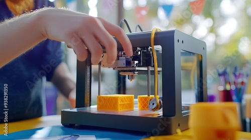 A close-up of a person's hand operating a 3D printer, showcasing the creation of vibrant yellow plastic models in a bright, creative workspace. 