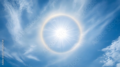 A bright sun surrounded by a halo against a clear blue sky, evoking feelings of warmth and tranquility. 