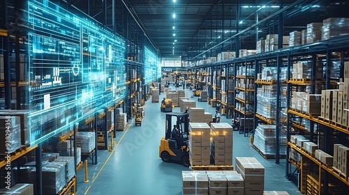 A modern warehouse interior featuring automated storage solutions and a forklift navigating through neatly organized pallets, showcasing advanced logistics technology. 