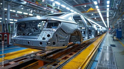 An automotive assembly line showing the process of car manufacturing with multiple car chassis being built in a high-tech production environment, emphasizing precision engineering.