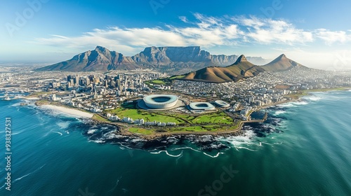 Overall aerial view of Cape Town, South Africa from helicopter wigth a view on Table Mountain and stadium