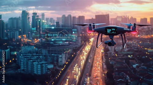 An AI-powered drone monitoring city infrastructure from above, with a digital interface showing road conditions, traffic flow, and public safety analysis.