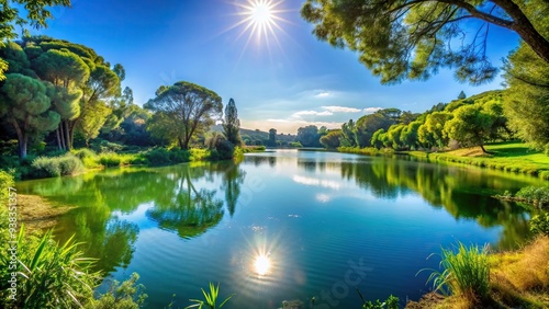 midday, sunny, countryside, Rome, peaceful, scenic, summer, reflections,lake, A serene lake surrounded by lush greenery under a bright midday sun in the peaceful countryside of Rome