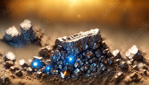 Close-up of a sample of an unidentified metal with a crystalline form, a luminescent geological material with a blue and gold tint