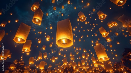 A breathtaking night scene filled with glowing lanterns floating gracefully against a dark sky, creating a magical and serene atmosphere.