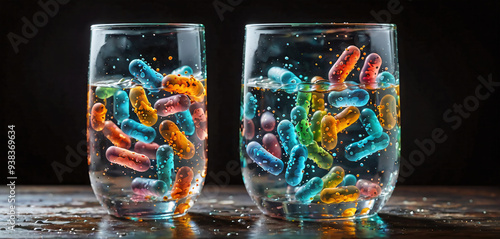 Illustrative representation of drinking water contaminated with bacteria and pathogens in a drinking glass