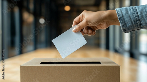 Hand placing a ballot paper into a ballot box illuminated by sunlight, symbolizing the act of voting and civic engagement in a democratic process