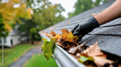 A close-up image of a person's gloved hand clearing fallen leaves from a house roof gutter during the autumn season, showcasing seasonal maintenance work.