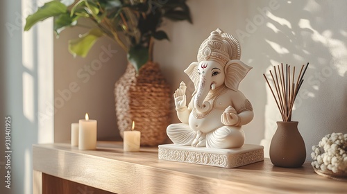 White ganesh idol with incense and candles in a serene home setting