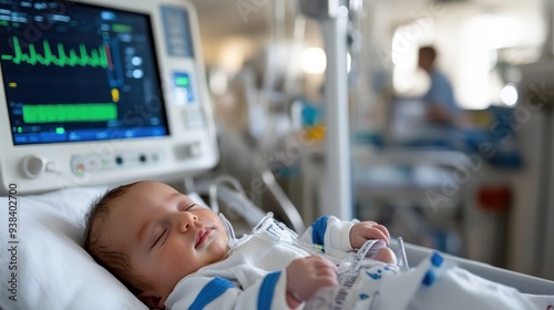 This image shows a hospitalized infant in a medical setting, equipped with various monitoring devices, conveying a sense of care and advanced healthcare systems in place for infant patients.