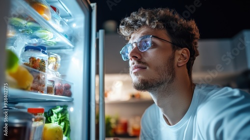 A man in a white t-shirt is seen looking intently inside the open refrigerator filled with food, drinks, and fresh produce, capturing a moment of late-night snack hunt at home.