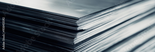 A close-up shot of a stack of silver metal sheets, showcasing the industrial nature of the material and its potential for construction or manufacturing. The image evokes themes of strength, durability