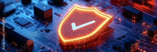 A glowing shield with a checkmark embedded in a circuit board symbolizes cybersecurity, data protection, network security, digital safety, and system reliability.