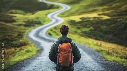 A man stands at a fork in the road, looking out at the winding path ahead. He is contemplating his next steps, symbolizing the journey of life, the choices we make, and the unknown future that awaits.