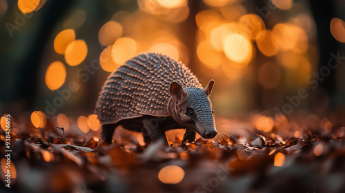 Pancernik przemierzający leśne poszycie pełne liści, sfotografowany przy zachodzącym słońcu, z rozproszonymi świetlnymi refleksami w tle.