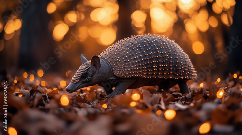 Pancernik przemierzający leśne poszycie pełne liści, sfotografowany przy zachodzącym słońcu, z rozproszonymi świetlnymi refleksami w tle.