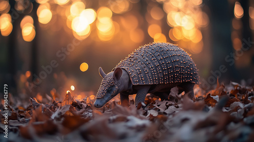 Pancernik przemierzający leśne poszycie pełne liści, sfotografowany przy zachodzącym słońcu, z rozproszonymi świetlnymi refleksami w tle.