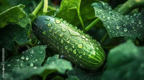 Świeży ogórek z kroplami wody, wkomponowany w zielone liście, symbolizujący naturalną świeżość i organiczne ogrodnictwo.