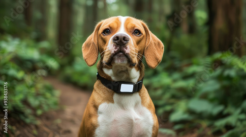 Large dog wearing a GPS-enabled collar on a hiking trail, surrounded by dense forest, emphasizing safety and location tracking during adventures