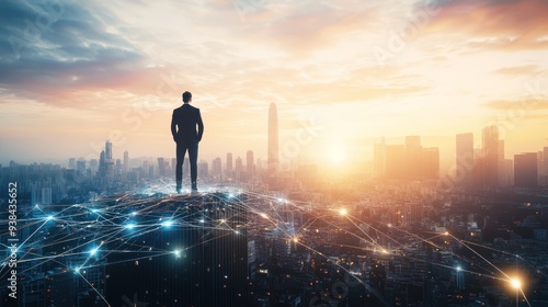 Businessman Standing on a Rooftop Looking Towards a Cityscape