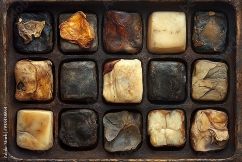 Handcrafted soap squares arranged meticulously in an antique tray