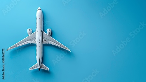 Modern wide-body passenger airplane with two jet engines isolated on blue background. 3D rendering image with copy space for text. The concept of air travel, tourism or business success.