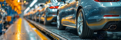 A closer view of cars in various stages of the production process in a modern, well-lit factory assembly line, showcasing the advanced machinery and technology in the automotive industry.