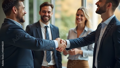 Group, business people and shaking hands for welcome, introduction or meeting in office. Handshake, smile and team with deal for collaboration, agreement or thank you for b2b partnership opportunity