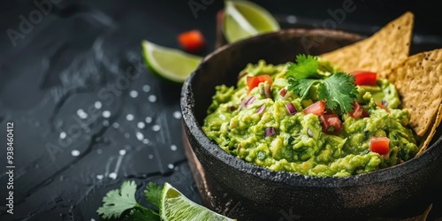 Newly prepared guacamole with crackers served on the table, a classic dish.