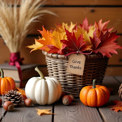 Basket of autumn leaves with pumpkins and "Give Thanks" tag