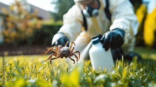 The image captures an exterminator in protective gear spraying a spider on green grass, utilizing pest control methods to protect the surroundings, embodying vigilance and safety measures.