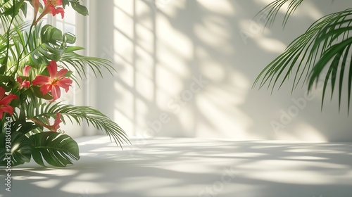 Abstract white studio background for product presentation Empty room with shadows of window and flowers and palm leaves 3d room with copy space Summer concert Blurred backdrop : Generative AI