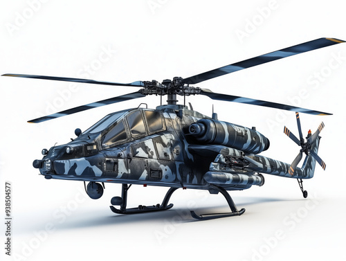 A modern battle helicopter prepares for action against a dusky skyline, showcasing advanced design and tactical camouflage amidst a dramatic backdrop