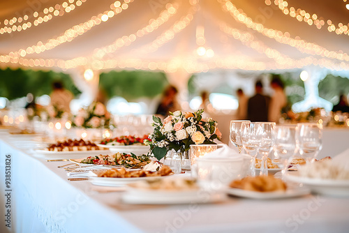 Table de mariage en extérieur dans le jardin avec guirlandes de lumière sous chapiteau