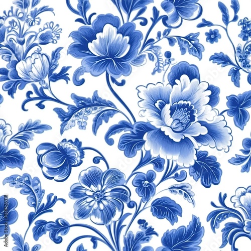 Blue and white porcelain pattern, featuring floral and leaf motifs ，A traditional hand-painted seamless pattern featuring the classic Dutch Delft blue and white color scheme.