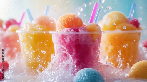 Panoramic still life of ice cream slush frozen colorful frozen fruit granita drinks flowing into takeaway plastic cups with ice cream straws flavor taste : Generative AI