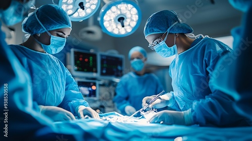 Team of doctor or surgeon and nurse in blue gown inside operating room did minimal invasive spine surgery technology with medical instrumentDisc surgery in sciatica painClose up at ins : Generative AI