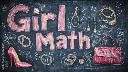 Girl Math written in chalkboard letters on a blackboard. A meme women use to justify indulgent purchases or irresponsible spending