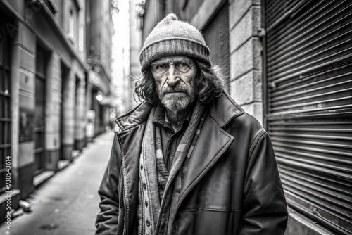 Black and white portrait of a homeless man on the street