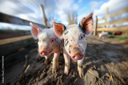 Piglets Exploring Farmyard on Sunny Day