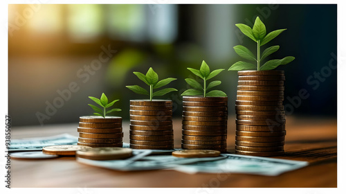 Four stacks of coins with growing plants on top, representing financial growth.