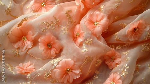 Peach crepe fabric with big golden gotta patti floral patch all over of Jaipur : Generative AI