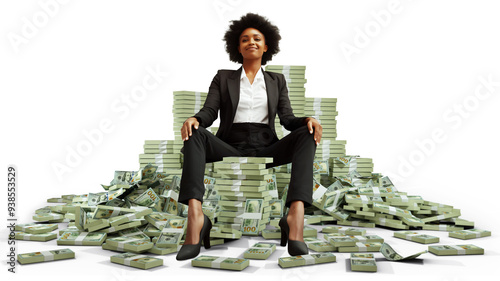 Rich Black business woman boss wearing black suit sitting on pile of Us dollar bills with more stacks of money around her against white background, throne made of cash, feminine, female power 