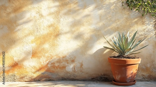 Empty texture stucco wall with shade and aloe clay pot Summer background with traditional home exterior Architecture design with neutral rustic aesthetic : Generative AI