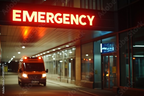 An illuminated emergency room entrance at night with an ambulance, signaling urgent medical care and hospital access.