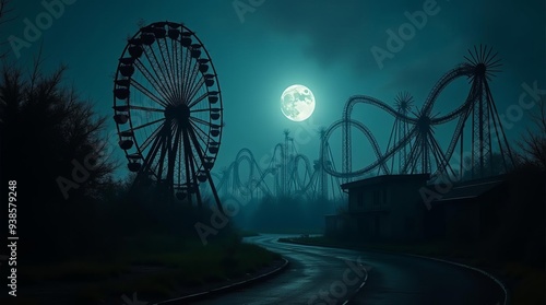 Halloween Abandoned Amusement Park: Spooky Ferris Wheel Silhouette Against Full Moon Night Sky